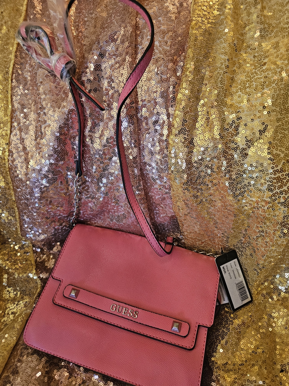 GUESS Hot Pink Pebbled Crossbody with Gold Accents